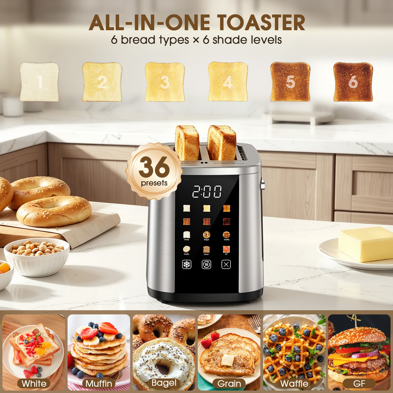 Teendow Digital Touchscreen 2-Slice Toaster with Bagel, Defrost & Reheat Functions