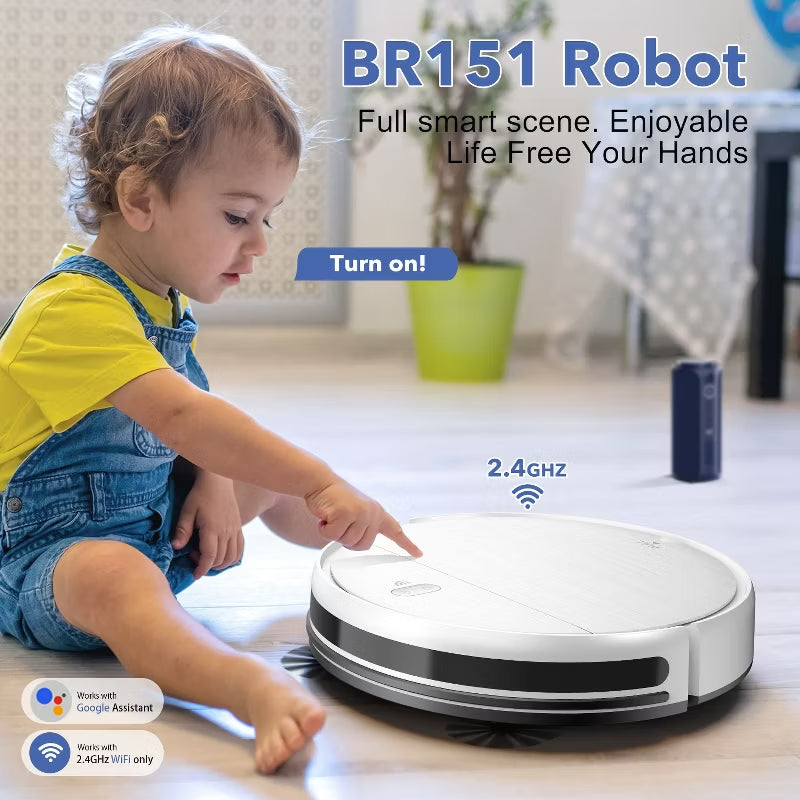 BR151 Robot Vacuum and Mop Combo, Robotic Vacuum with APP/Remote, Self-Charging Ideal for Pet Hair, White