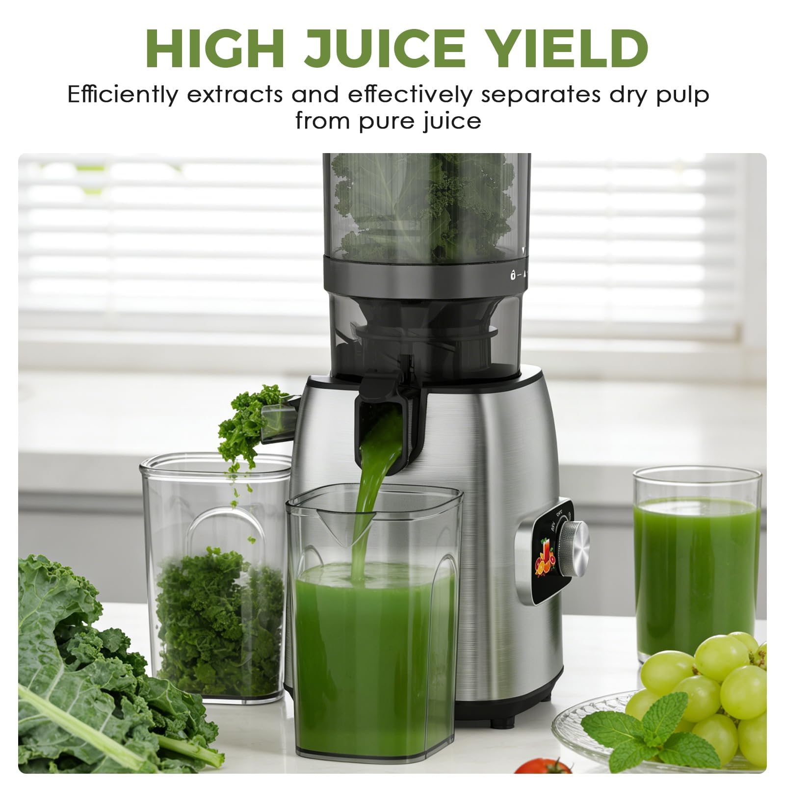 PSIIDAN Cold Press Juicer with 5.3" Extra Wide Feed Chute, Slow Masticating Juicer Machine for Pre-Cut Fruits and Vegetables, High Yield Fruit Juicer, Easy Clean Design, BPA-Free