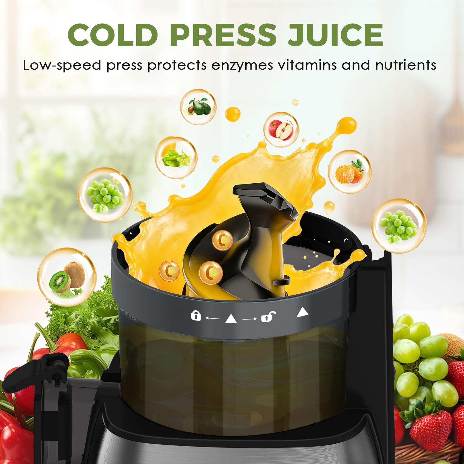 PSIIDAN Cold Press Juicer with 5.3" Extra Wide Feed Chute, Slow Masticating Juicer Machine for Pre-Cut Fruits and Vegetables, High Yield Fruit Juicer, Easy Clean Design, BPA-Free