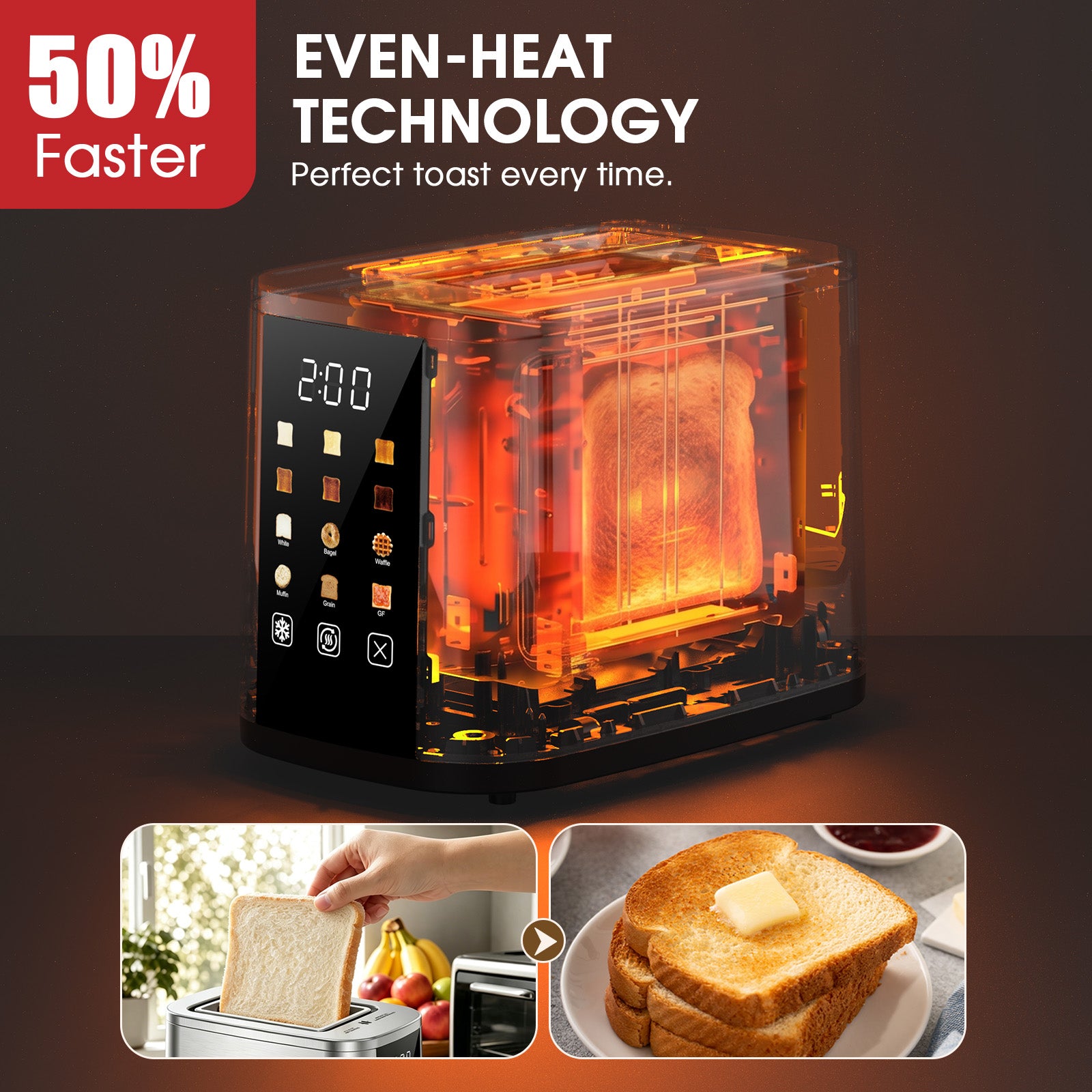 Teendow Digital Touchscreen 2-Slice Toaster with Bagel, Defrost & Reheat Functions