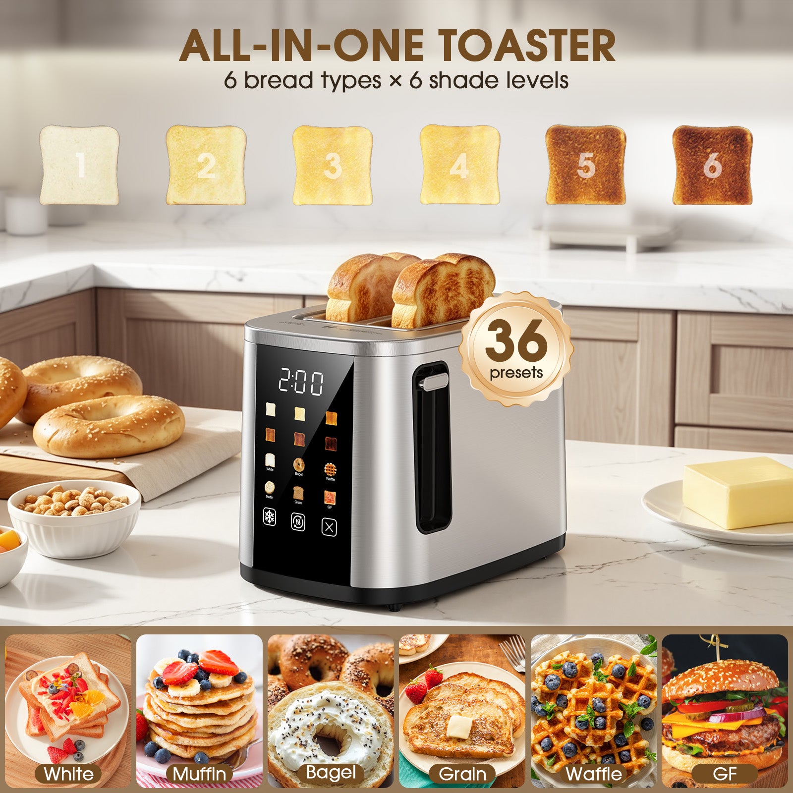 Teendow Digital Touchscreen 2-Slice Toaster with Bagel, Defrost & Reheat Functions