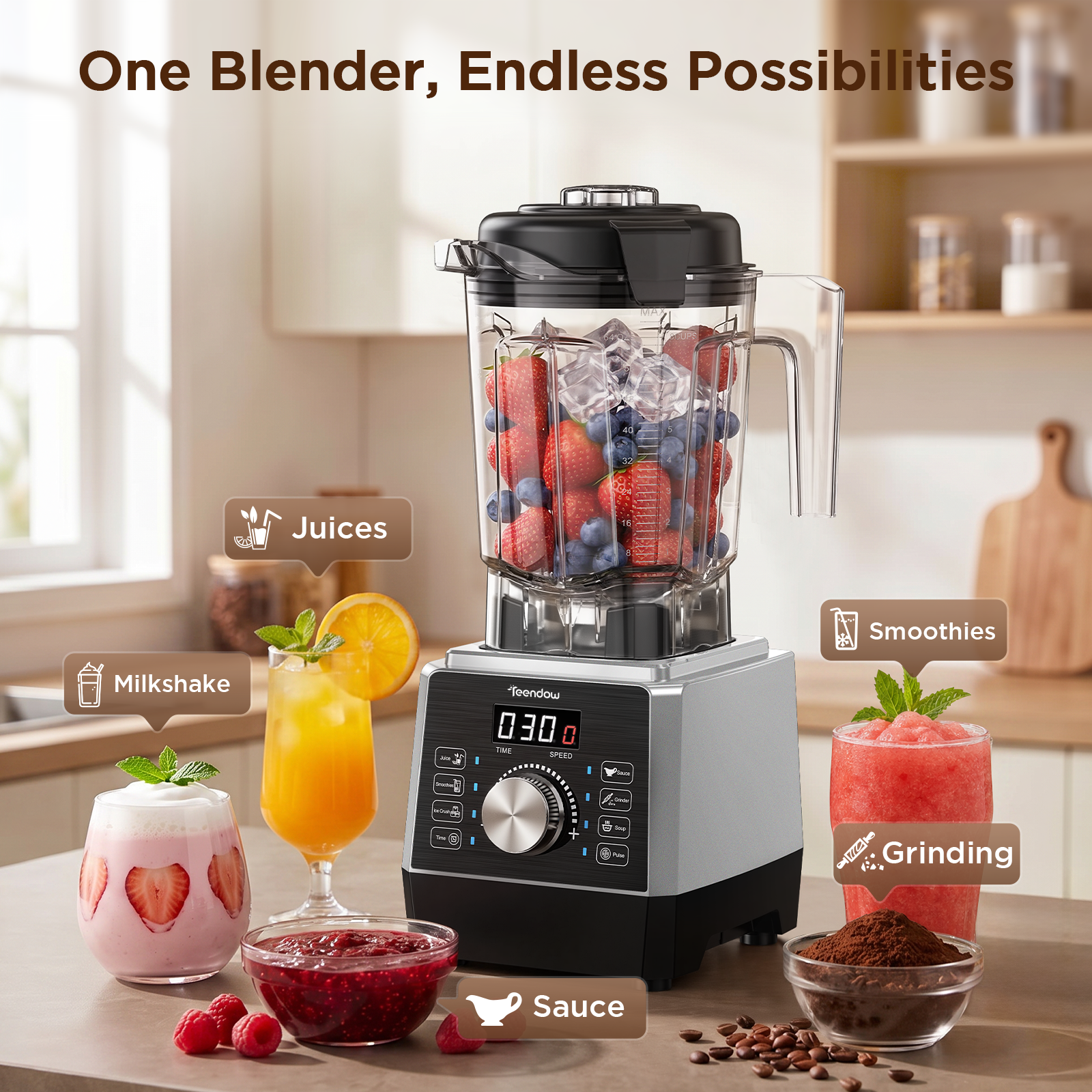 Teendow 1800W Countertop Blender for Kitchen with 70 oz BPA-Free Pitcher