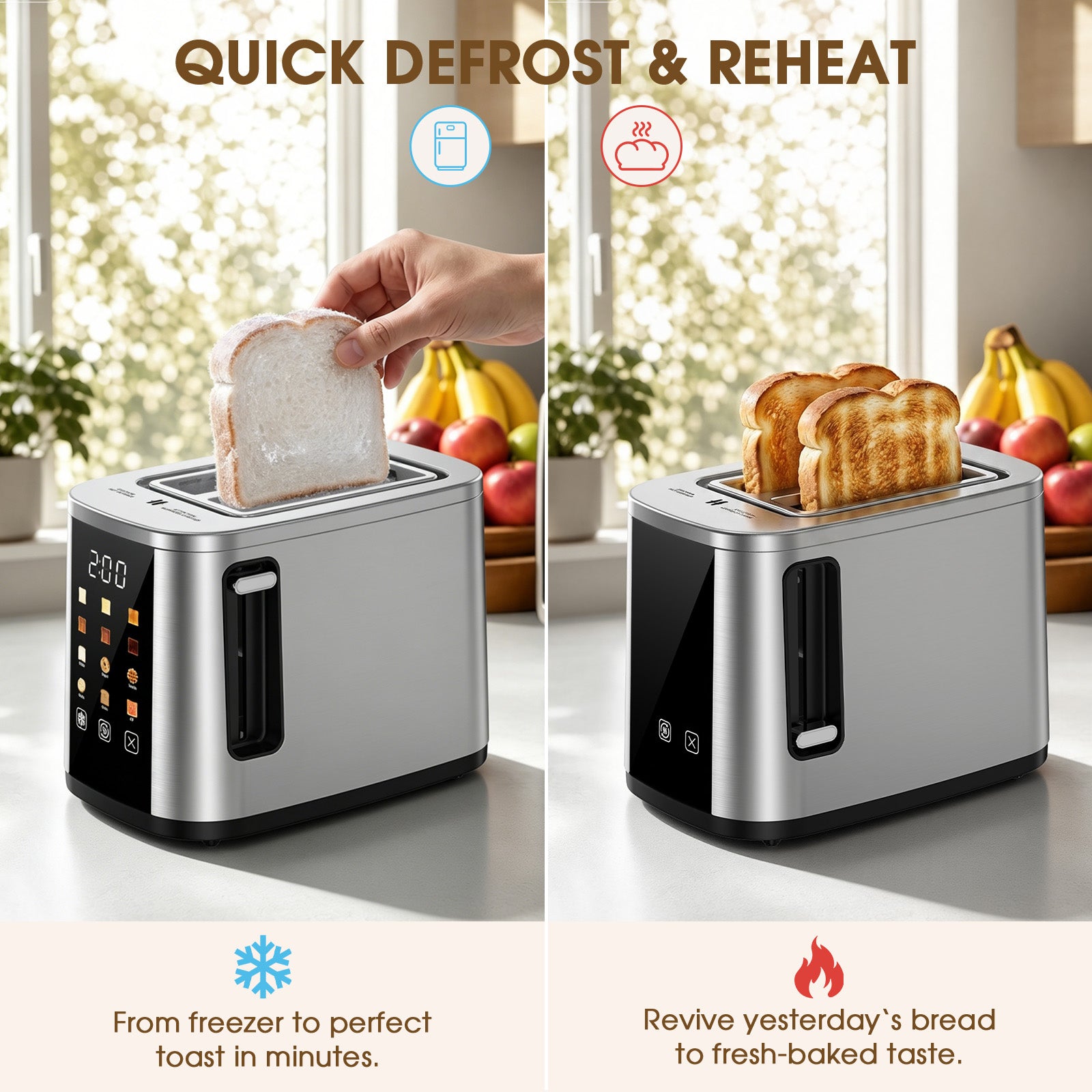 Teendow Digital Touchscreen 2-Slice Toaster with Bagel, Defrost & Reheat Functions