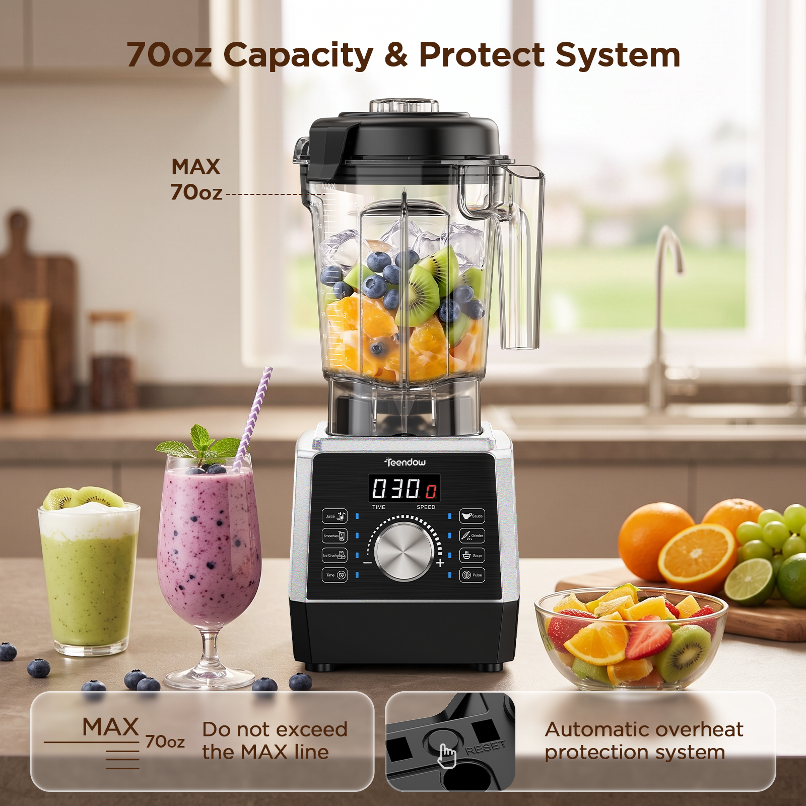 Teendow 1800W Countertop Blender for Kitchen with 70 oz BPA-Free Pitcher
