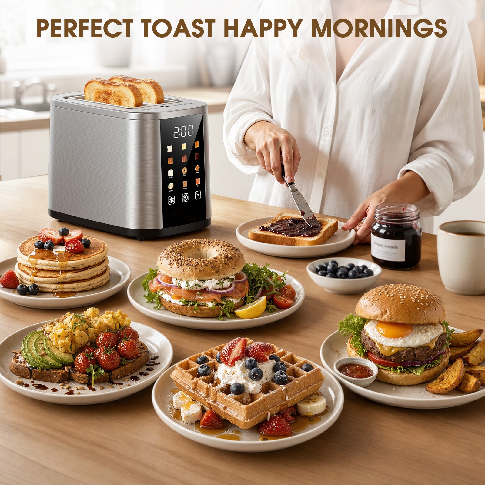 Teendow Digital Touchscreen 2-Slice Toaster with Bagel, Defrost & Reheat Functions
