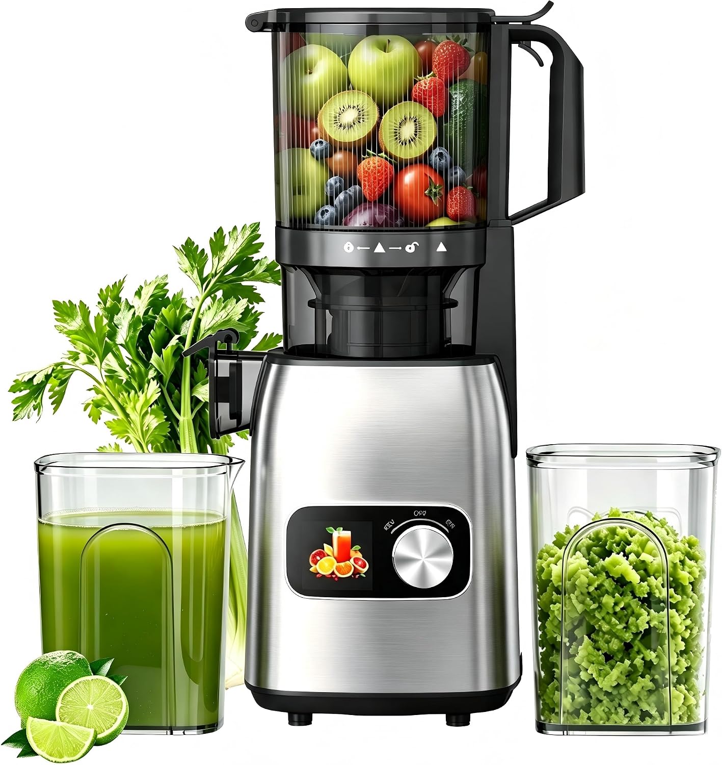 PSIIDAN Cold Press Juicer with 5.3" Extra Wide Feed Chute, Slow Masticating Juicer Machine for Pre-Cut Fruits and Vegetables, High Yield Fruit Juicer, Easy Clean Design, BPA-Free